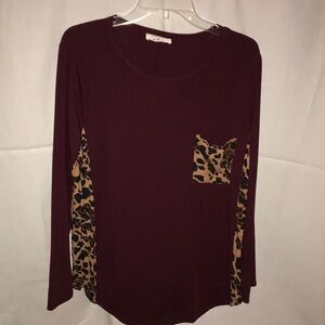 Zenana Women’s Burgundy and Leopard Print Long Sleeve Top - XL